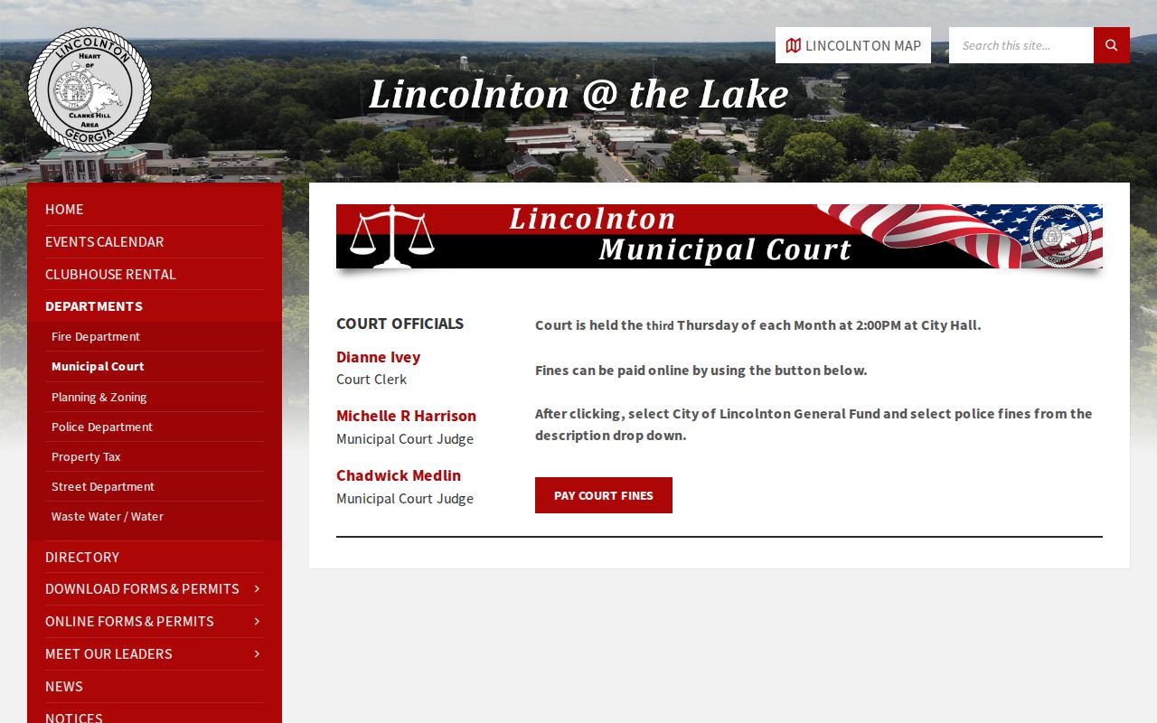 Official Lincolnton Municipal Court page with schedule and fine-payment information